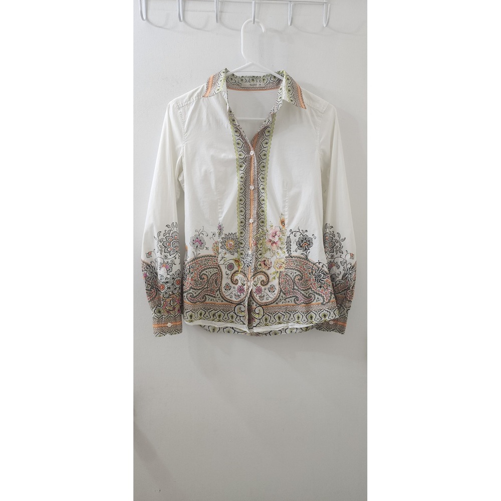 Etro Milano Womens Paisley Floral Cotton Button Down Shirt White Multi Size 40